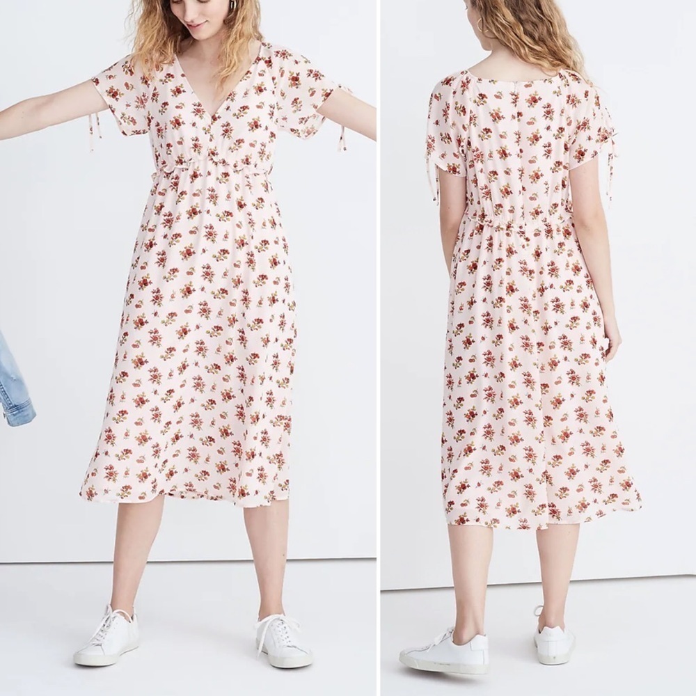 Madewell Tie-Sleeve Ruffle-Waist Midi Dress in Countryside Blooms Floral Sz 0
